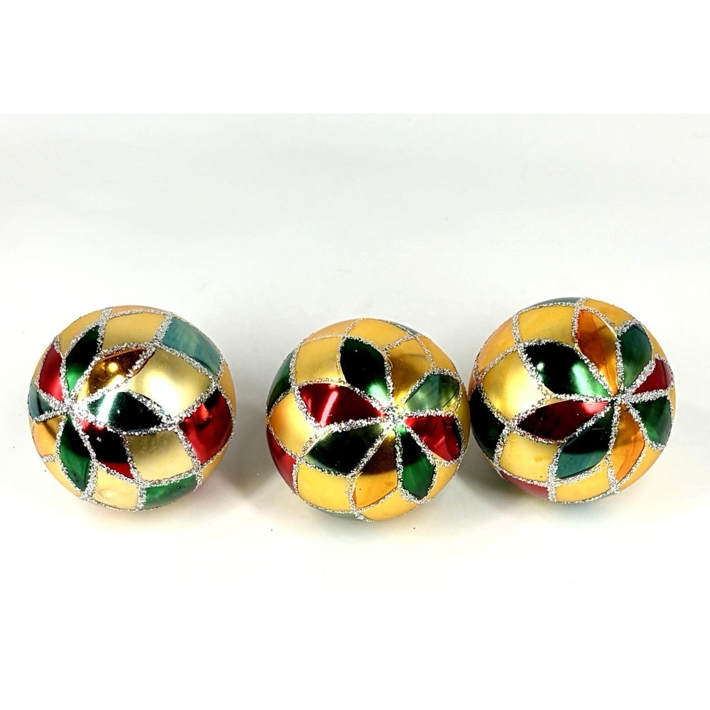 Vintage Diamond Harlequin Ball Christmas Ornaments Poland 3 Pc Silver Mica 3"